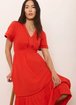Red Cotton Cheesecloth Midi Dress