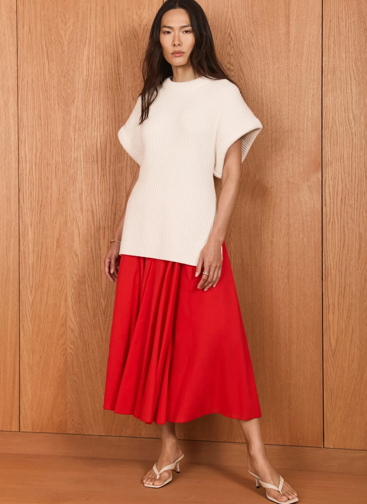 Red Cotton Full Midi Skirt
