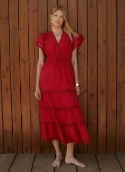 Red Cotton Ruffle Midi Dress