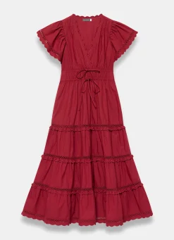 Red Cotton Ruffle Midi Dress