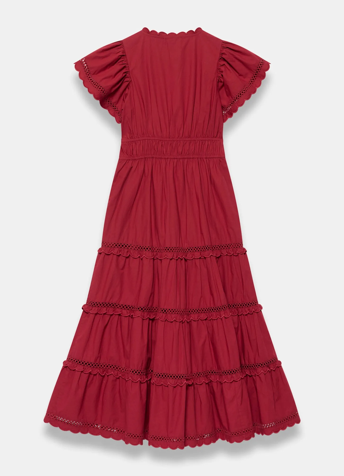 Red Cotton Ruffle Midi Dress