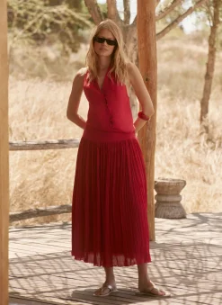 Red Drop Waist Crinkle Midi Skirt