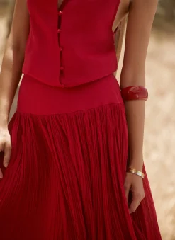 Red Drop Waist Crinkle Midi Skirt