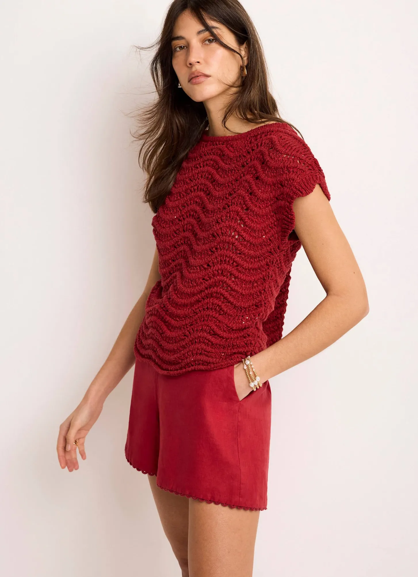 Red Embellished Crochet Knit Top