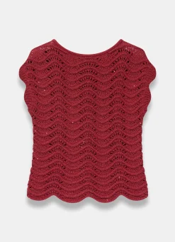 Red Embellished Crochet Knit Top