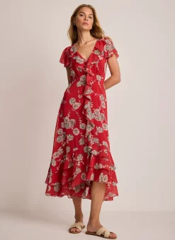 Red Floral Print Ruffle Midi Dress