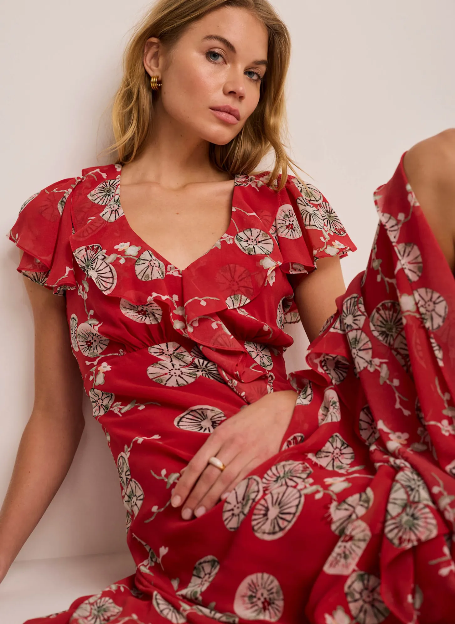 Red Floral Print Ruffle Midi Dress