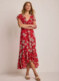 Red Floral Print Ruffle Midi Dress