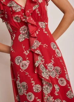 Red Floral Print Ruffle Midi Dress