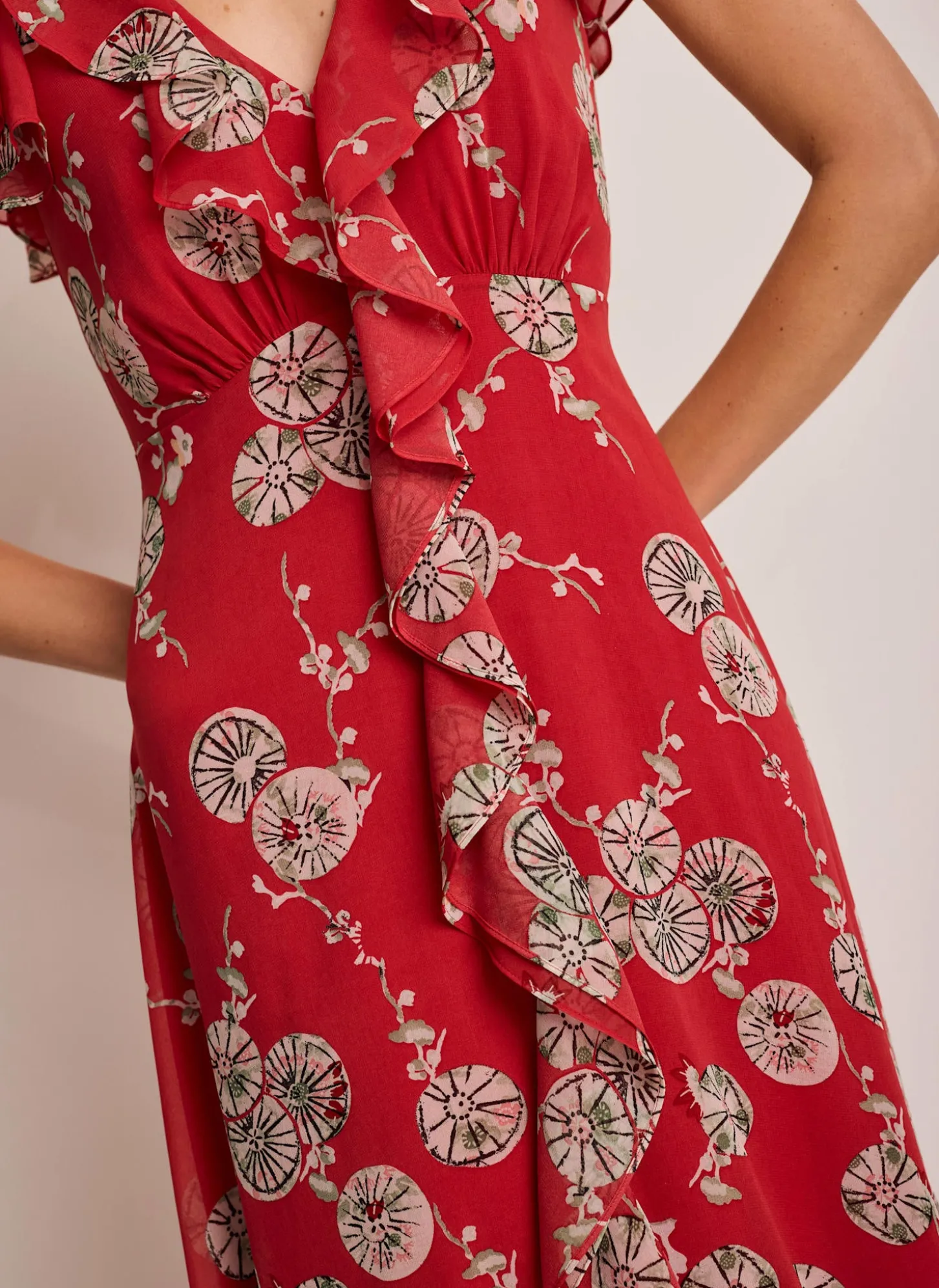 Red Floral Print Ruffle Midi Dress