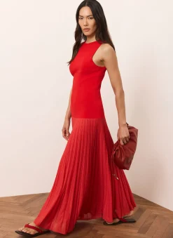 Red Knit Pleated Maxi Dress