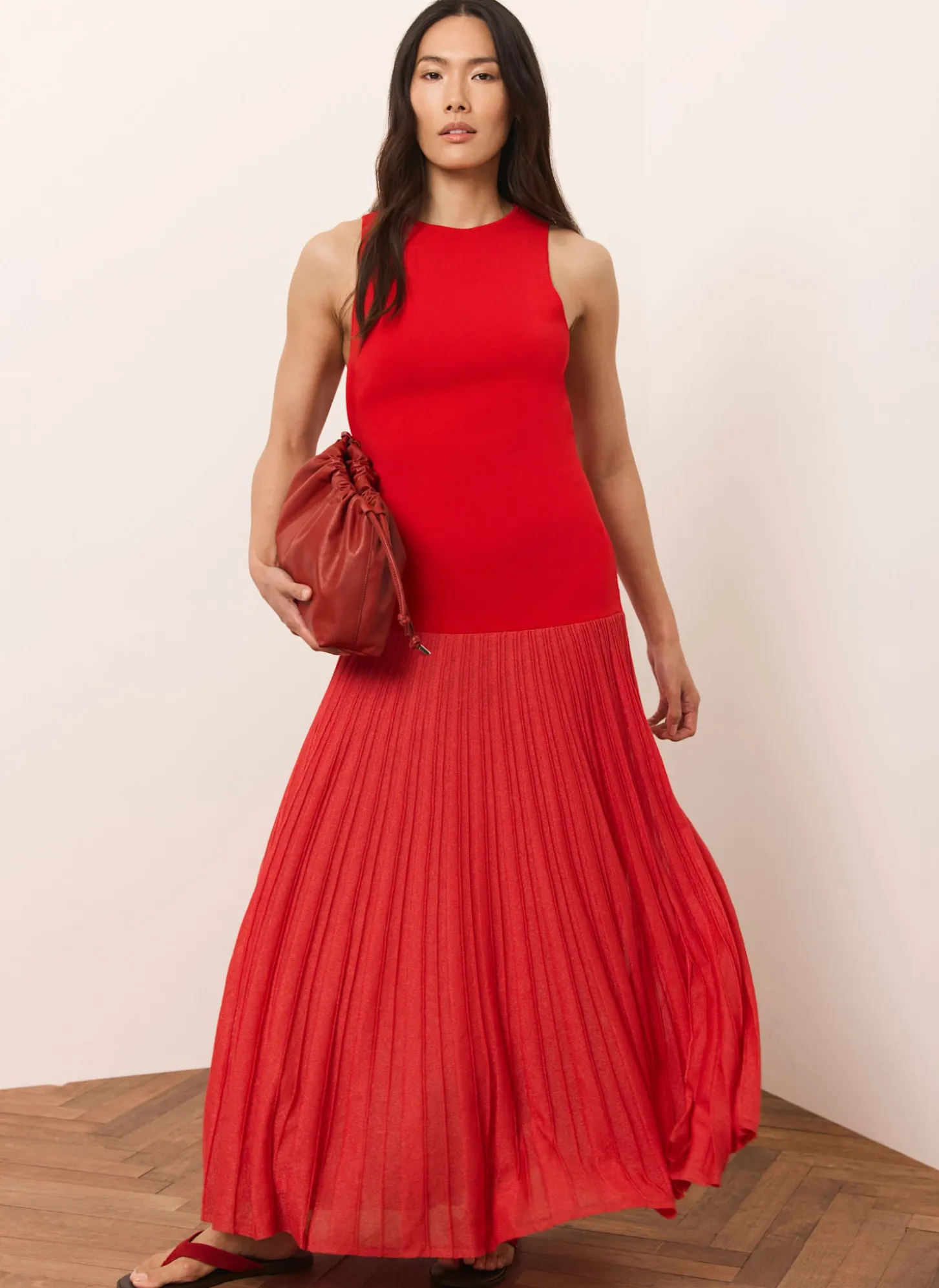 Red Knit Pleated Maxi Dress