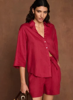 Red Linen Drawstring Shorts