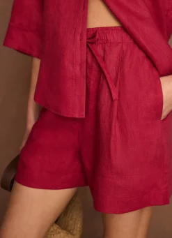 Red Linen Drawstring Shorts