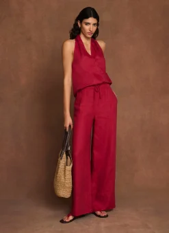 Red Linen Drawstring Wide Leg Trousers