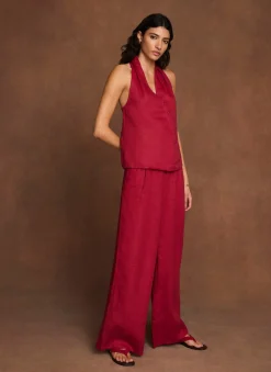 Red Linen Drawstring Wide Leg Trousers