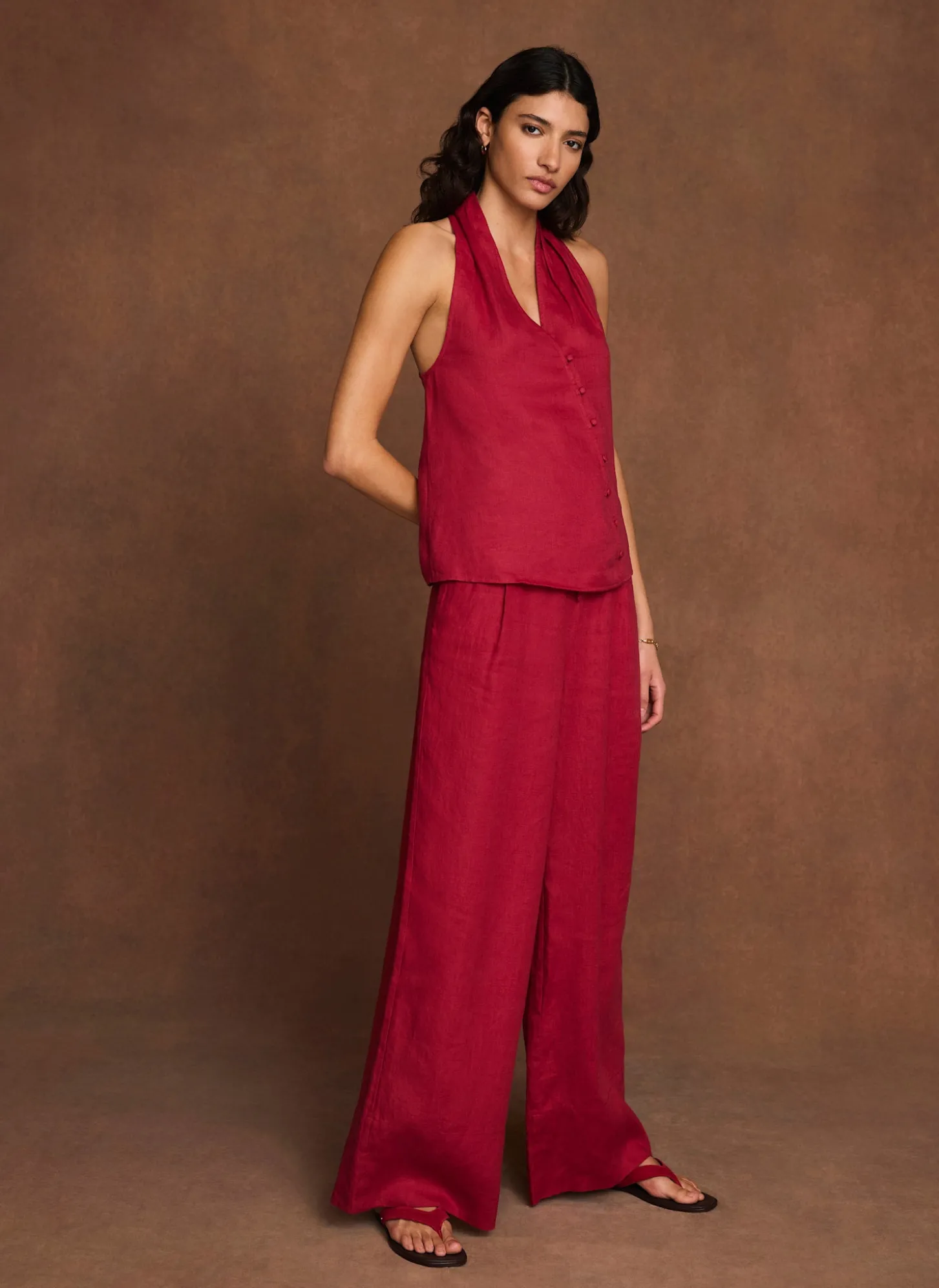 Red Linen Drawstring Wide Leg Trousers