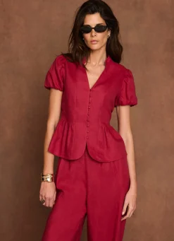 Red Linen Peplum Top