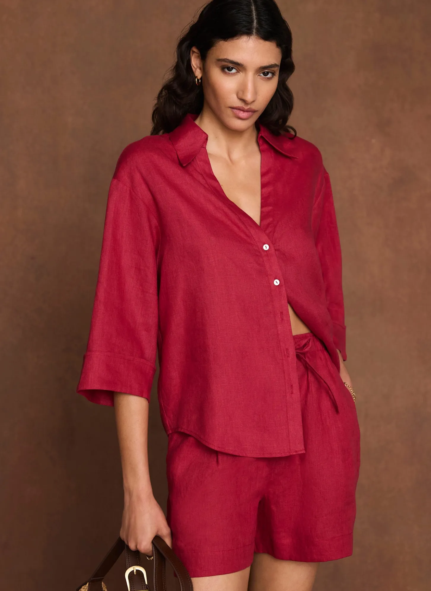 Red Linen Short Sleeve Resort Shirt