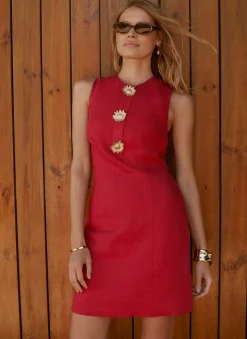 Red Linen Sunray Button Mini Dress