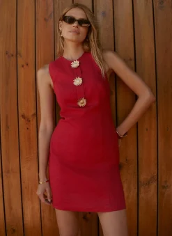 Red Linen Sunray Button Mini Dress