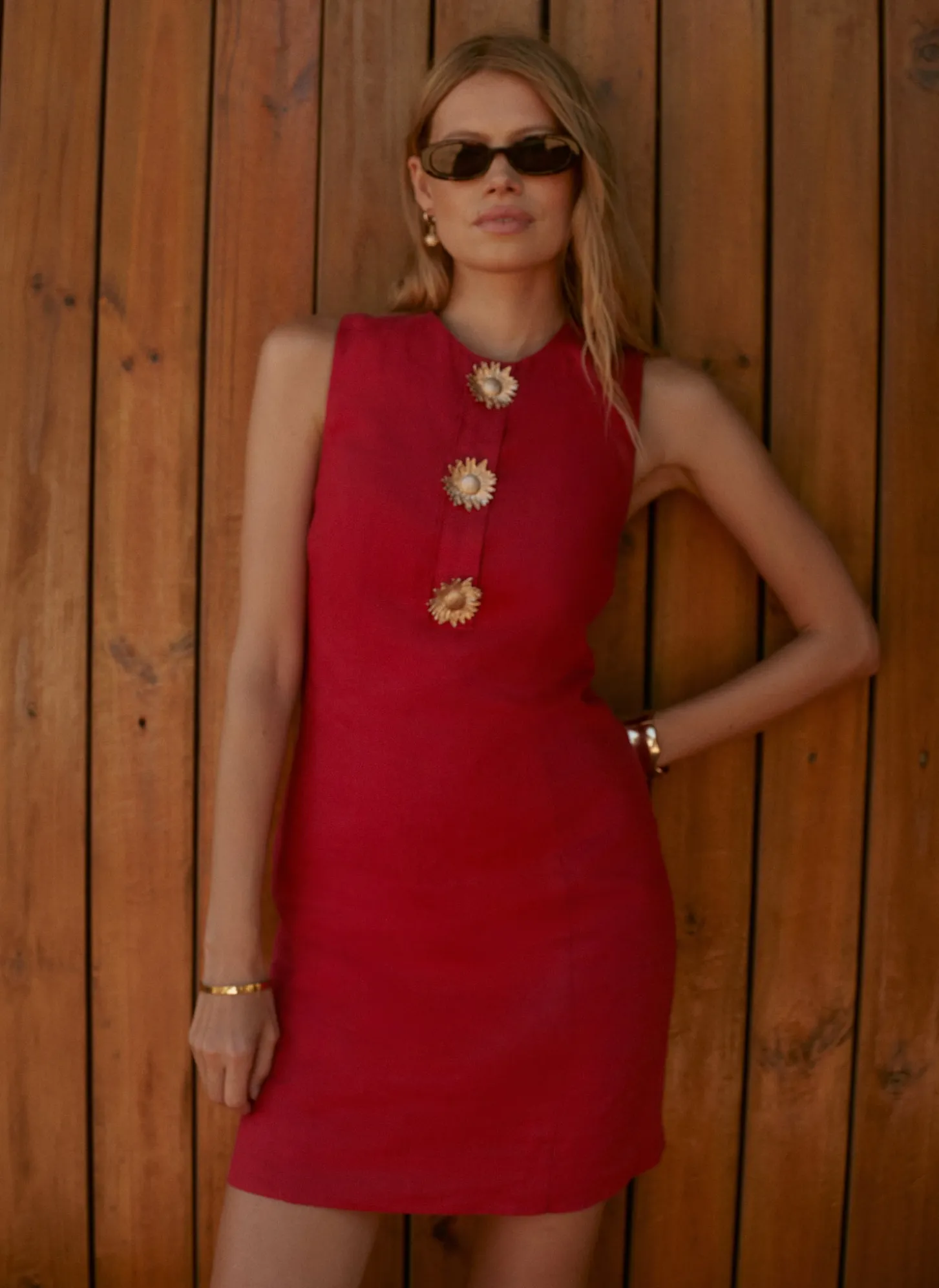 Red Linen Sunray Button Mini Dress