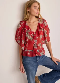 Red Printed Ruffle Blouse