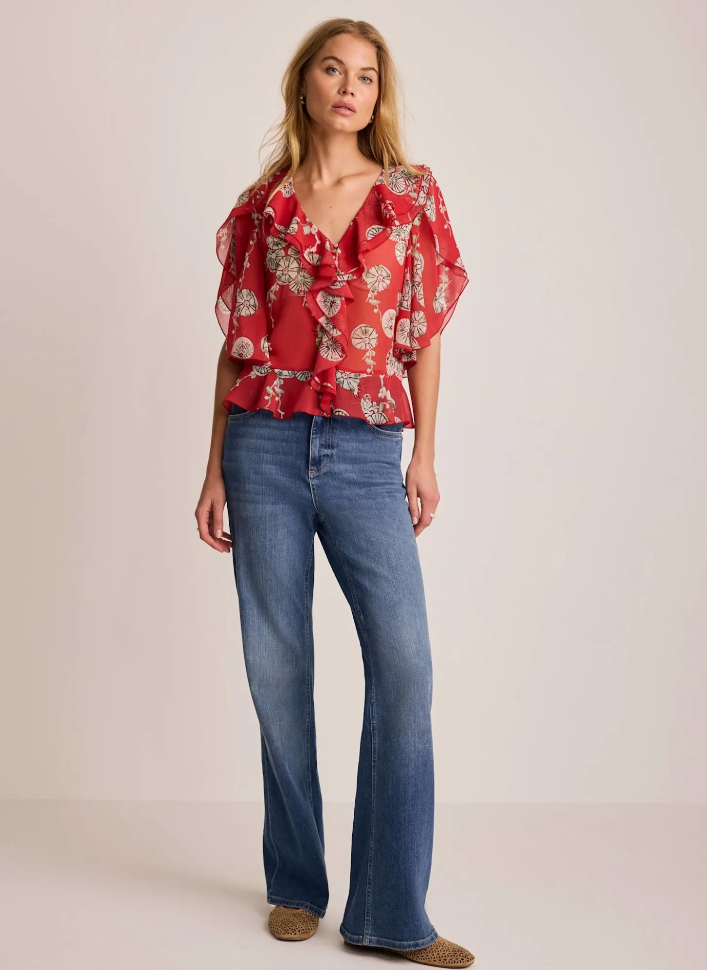 Red Printed Ruffle Blouse