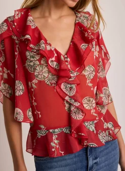 Red Printed Ruffle Blouse