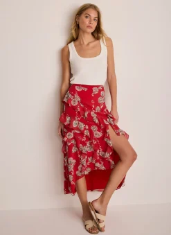Red Printed Ruffle Maxi Skirt