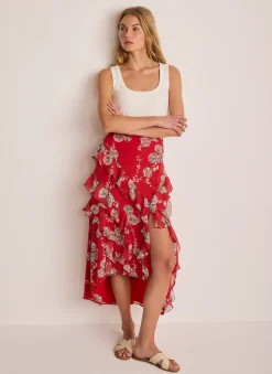 Red Printed Ruffle Maxi Skirt