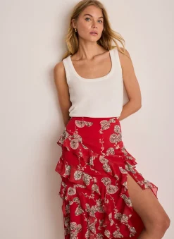 Red Printed Ruffle Maxi Skirt