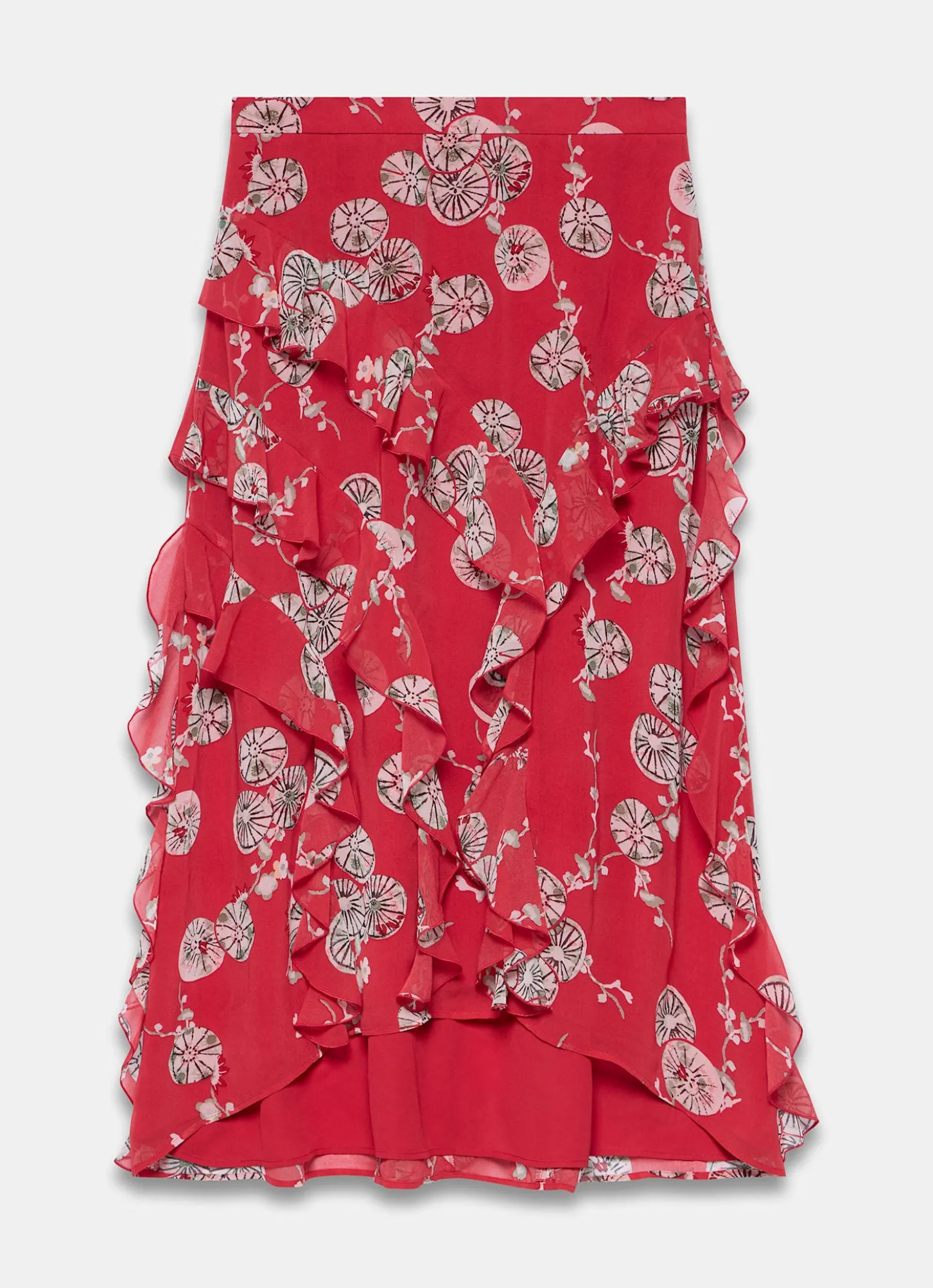 Red Printed Ruffle Maxi Skirt