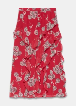 Red Printed Ruffle Maxi Skirt