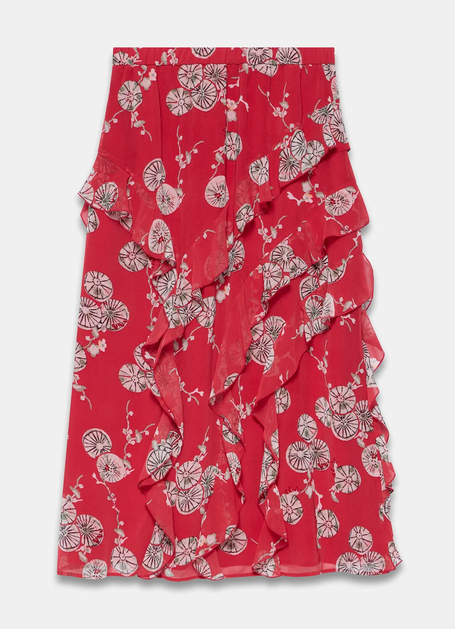 Red Printed Ruffle Maxi Skirt