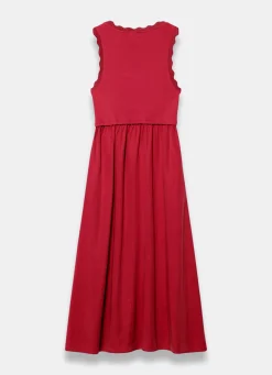 Red Scallop Trim Midi Dress