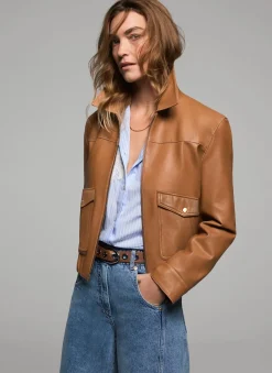 Tan Leather Collared Bomber Jacket