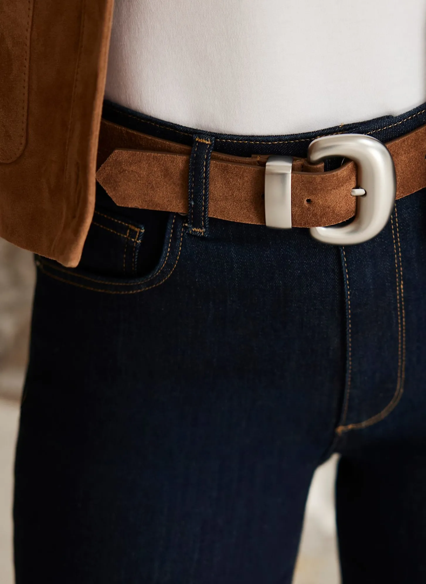 Tan Suede Statement Buckle Belt