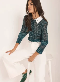 Teal Printed Sheer Shirt