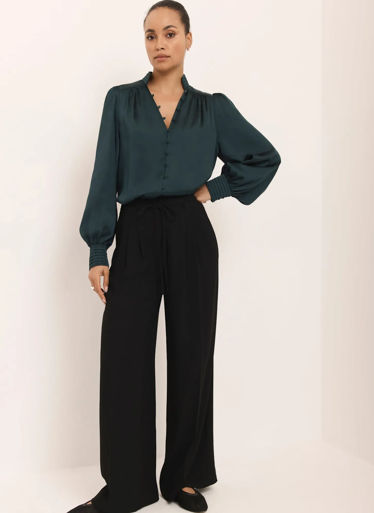Teal Satin Long Sleeve Blouse
