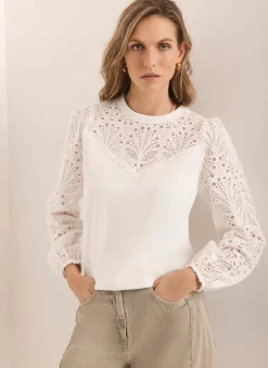 White Cotton Blend Broderie Sweatshirt