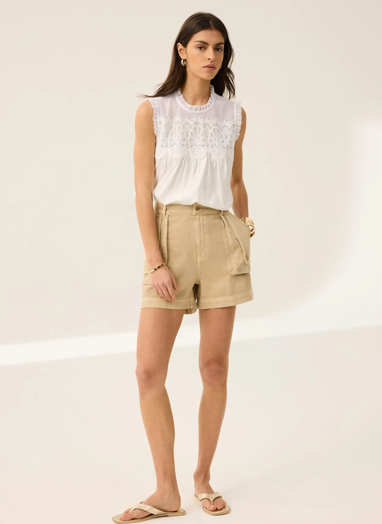 White Cotton Blend Lace Applique Top