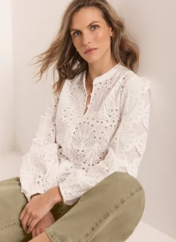 White Cotton Broderie Detail Blouse