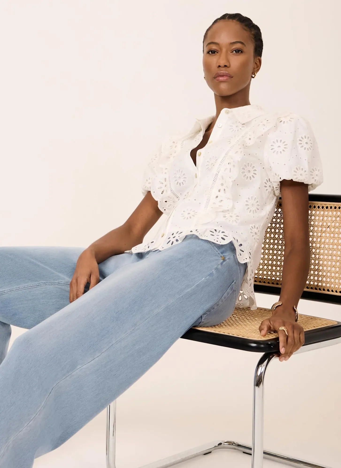 White Cotton Broderie Detail Shirt