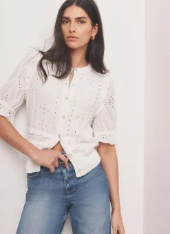 White Cotton Broderie Knit Top