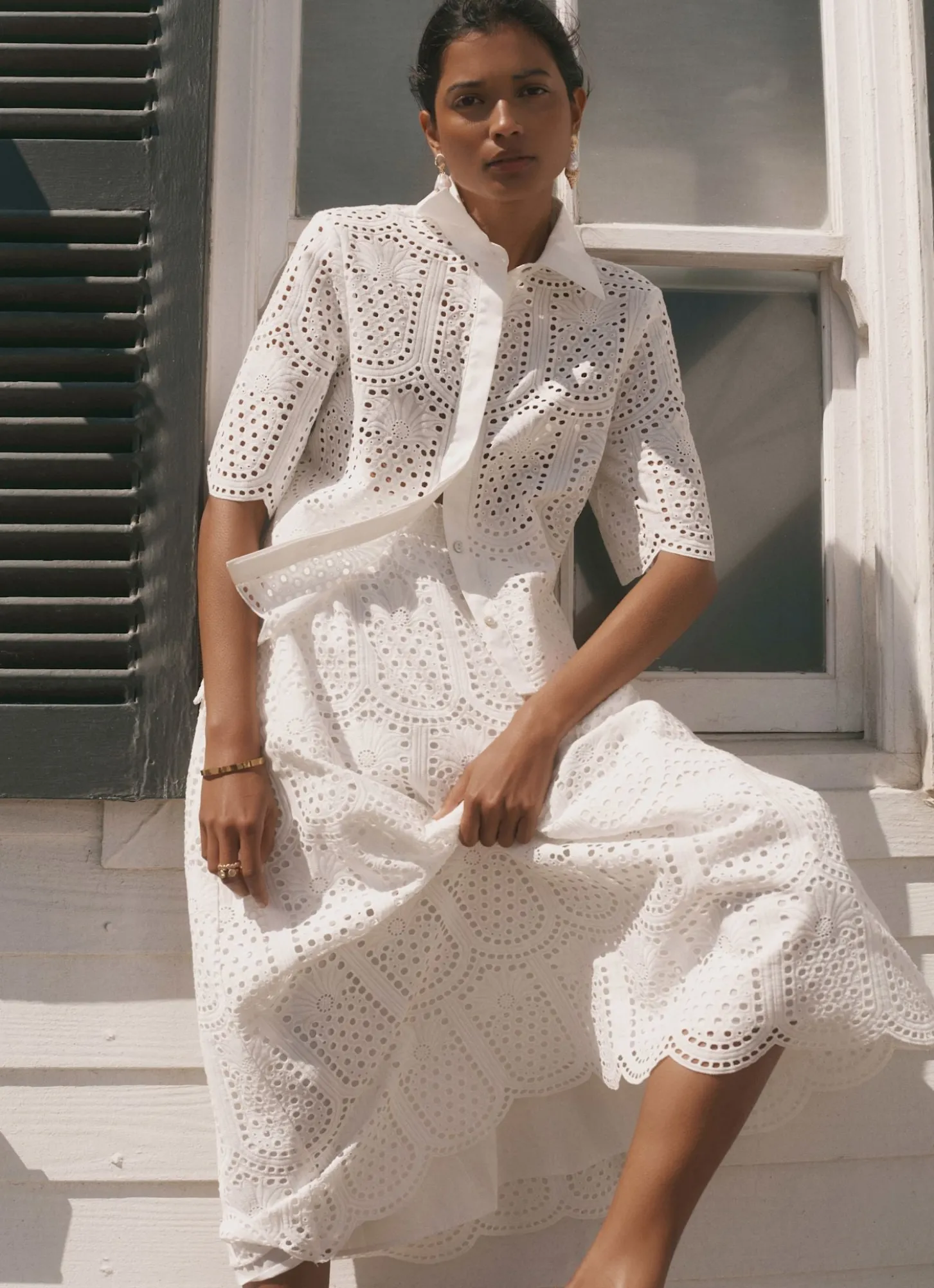 White Cotton Broderie Midi Skirt