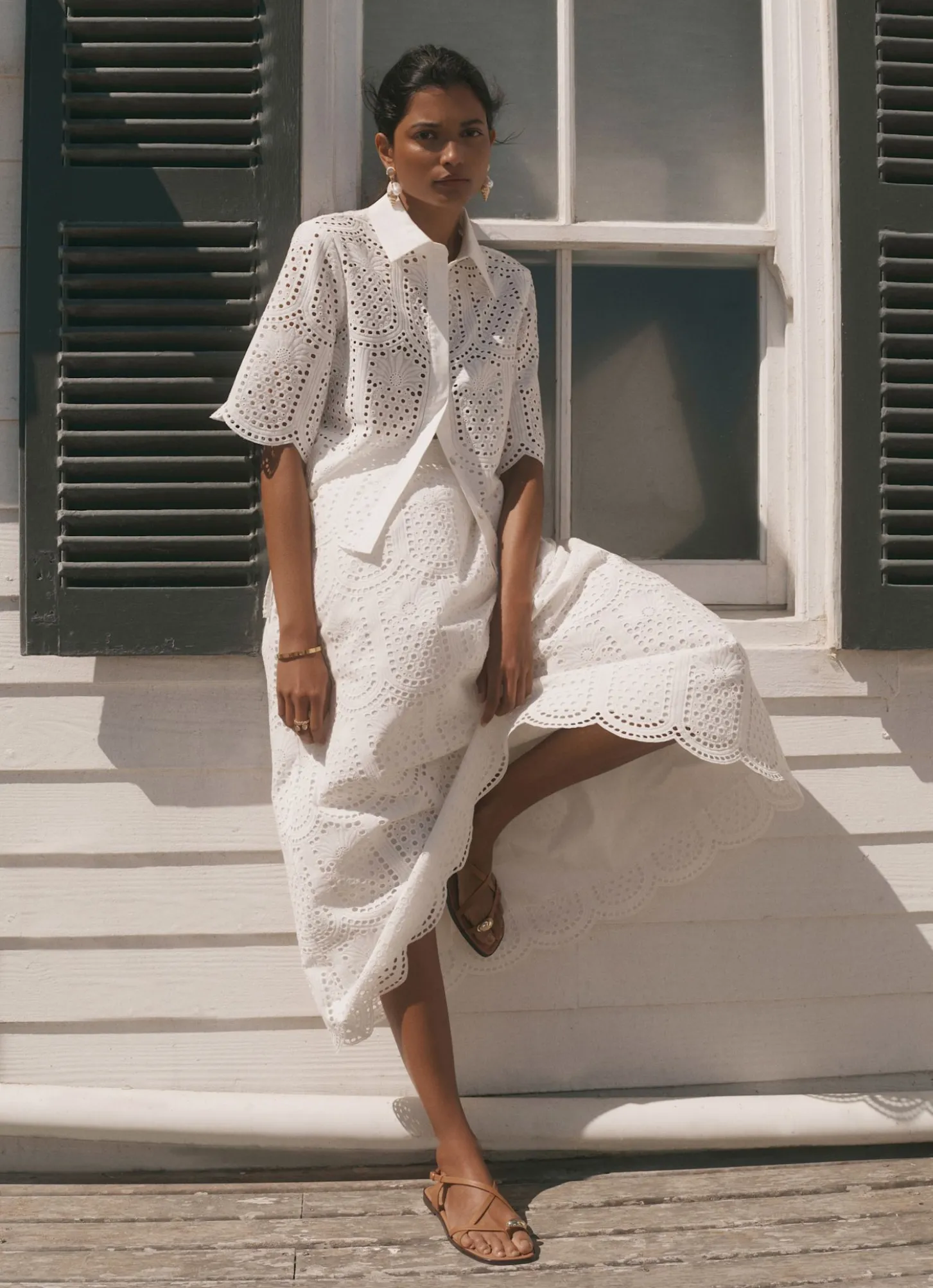 White Cotton Broderie Midi Skirt