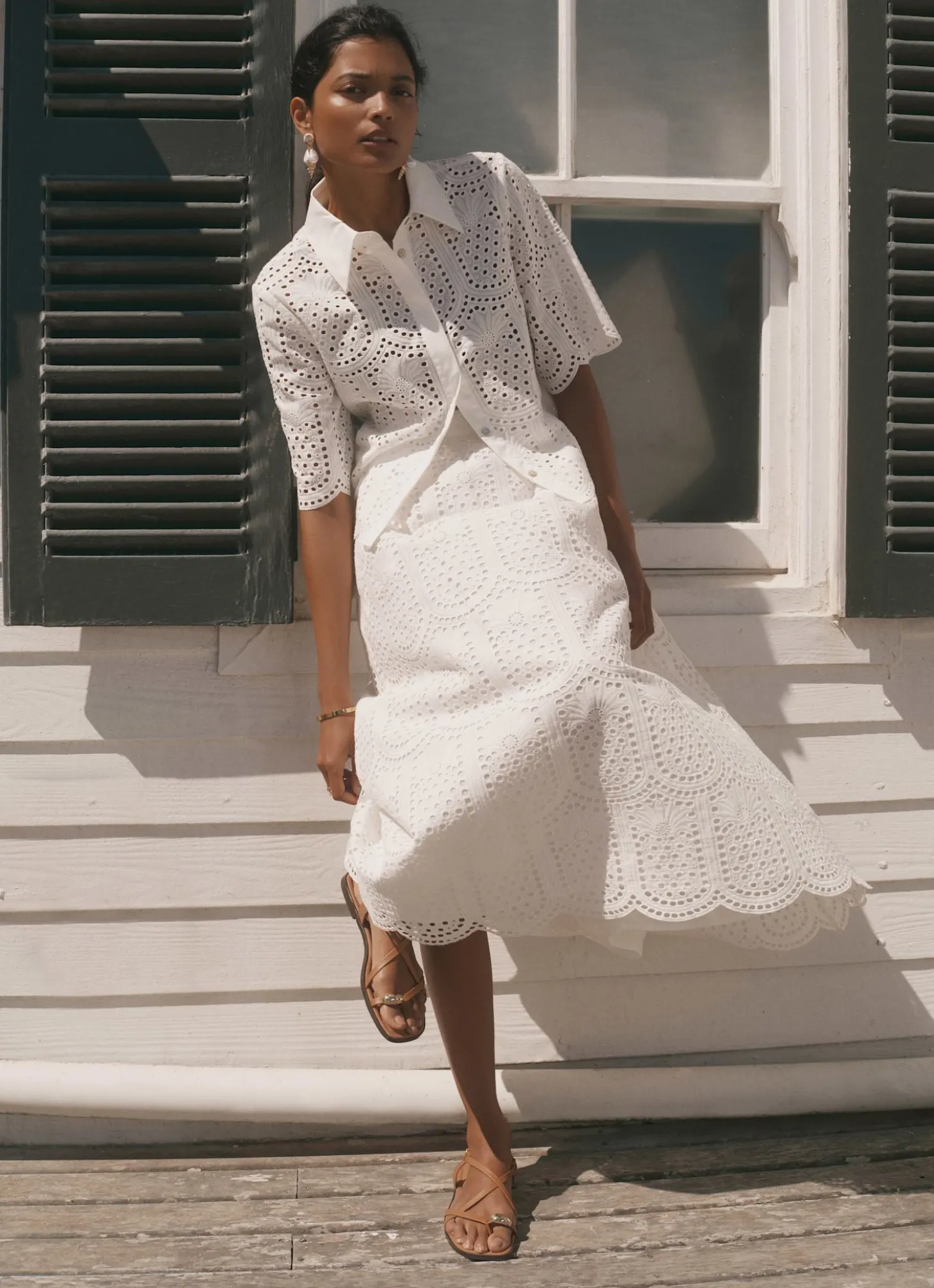White Cotton Broderie Midi Skirt