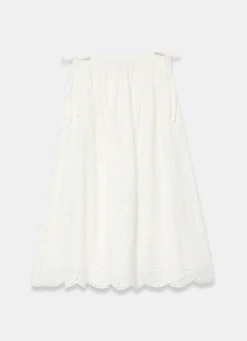 White Cotton Broderie Midi Skirt