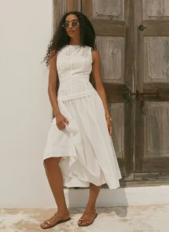 White Cotton Broderie Midi Dress